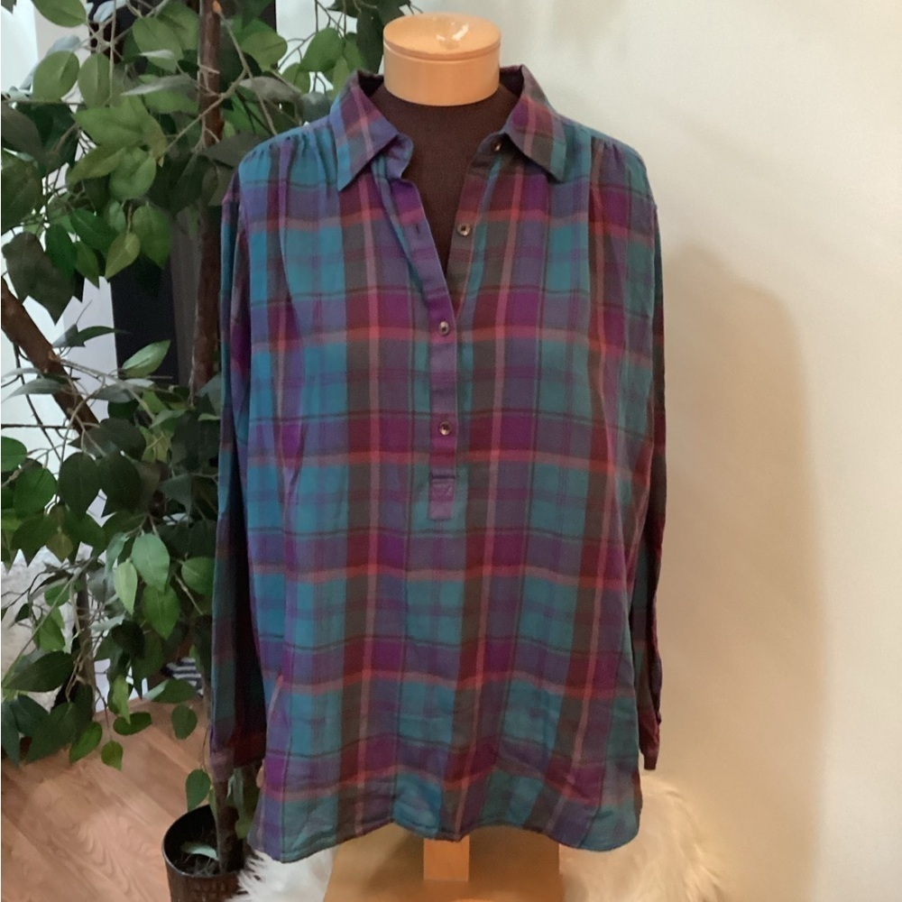 Chaps pullover lightweight button down plaid blouse Woman’s size XL
